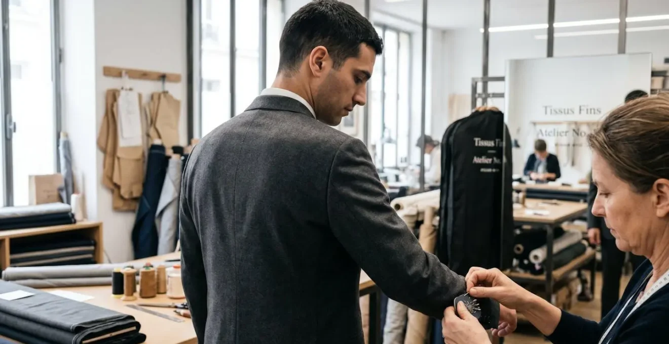 Homme vu de dos lors d'un essayage de costume dans un atelier contemporain, lumière naturelle mettant en valeur le tombé du tissu