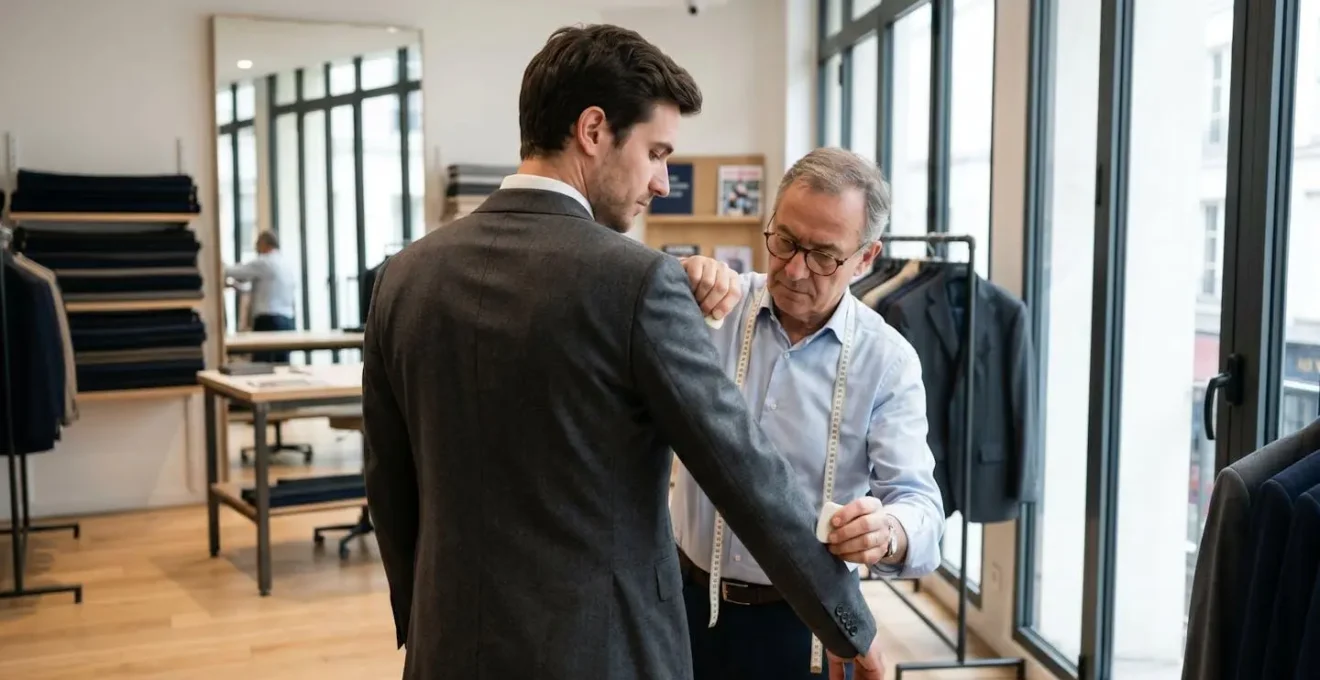 Homme vu de dos lors d'un essayage de costume dans un atelier contemporain, lumière naturelle mettant en valeur le tombé du tissu