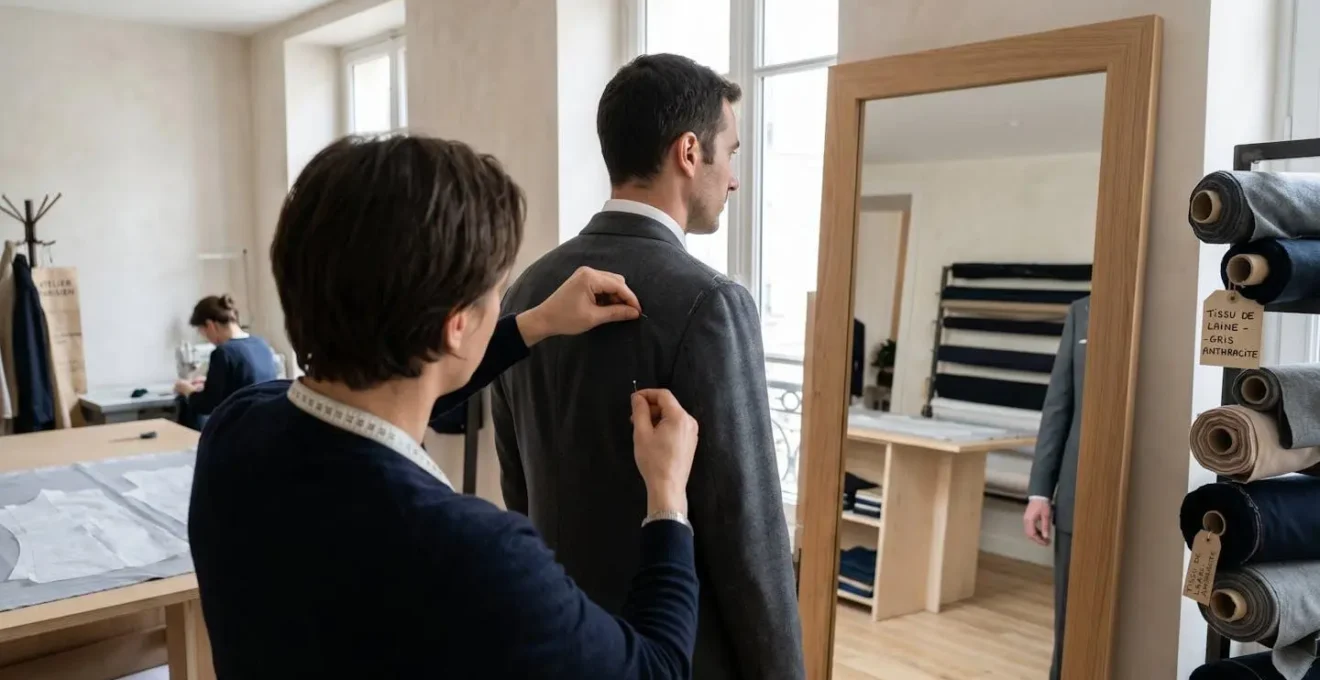 Homme vu de dos lors d'un essayage de costume dans un atelier contemporain, lumière naturelle mettant en valeur le tombé du tissu