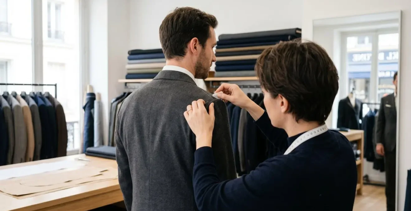 Homme vu de dos lors d'un essayage de costume dans un atelier contemporain, lumière naturelle mettant en valeur le tombé du tissu