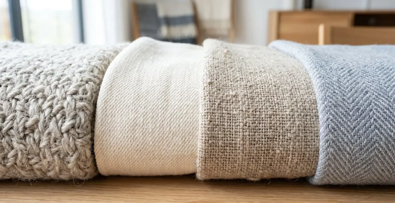 Gros plan sur des rouleaux de tissus nobles superposés montrant les textures contrastées de la laine, du coton et du lin