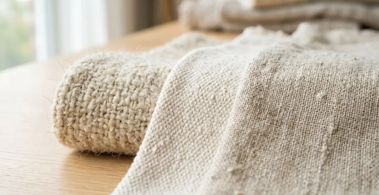 Gros plan sur des rouleaux de tissus nobles superposés montrant les textures contrastées de la laine, du coton et du lin