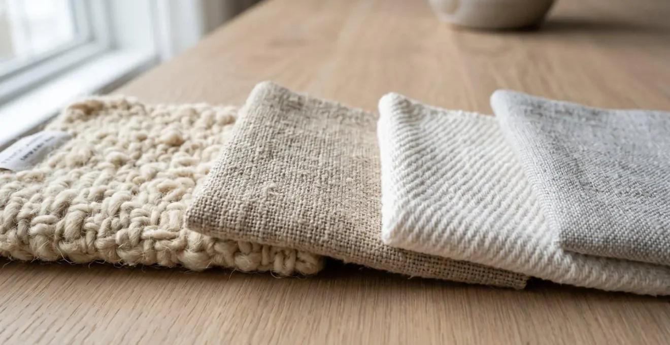 Gros plan sur des rouleaux de tissus nobles superposés montrant les textures contrastées de la laine, du coton et du lin