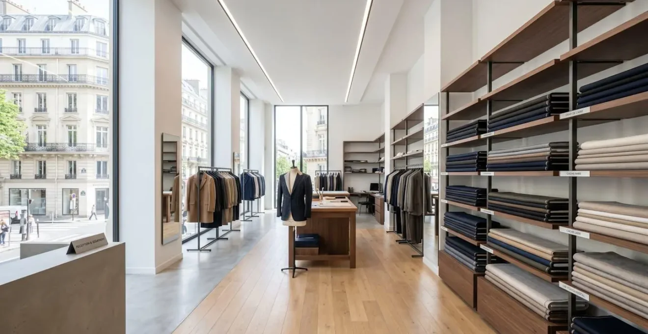 Showroom contemporain d'un atelier de haute couture parisien avec présentoirs de tissus, lumière naturelle zénithale, espace épuré
