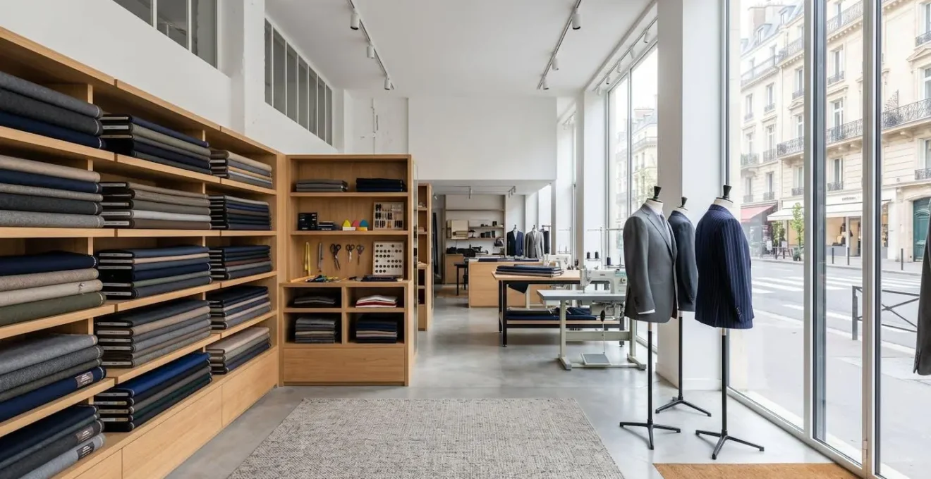 Showroom contemporain d'un atelier de haute couture parisien avec présentoirs de tissus, lumière naturelle zénithale, espace épuré