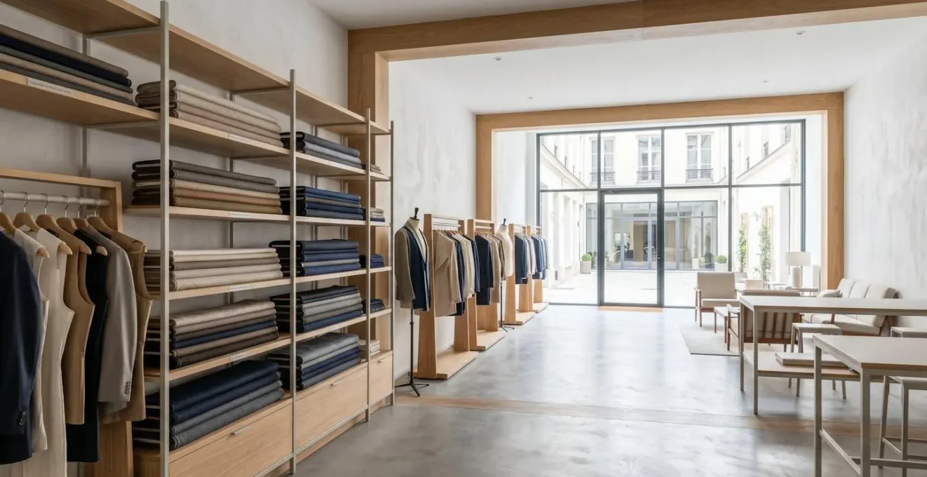 Showroom contemporain d'un atelier de haute couture parisien avec présentoirs de tissus, lumière naturelle zénithale, espace épuré
