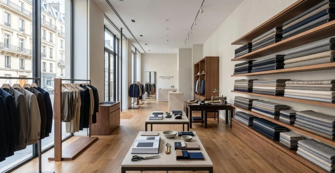 Showroom contemporain d'un atelier de haute couture parisien avec présentoirs de tissus, lumière naturelle zénithale, espace épuré